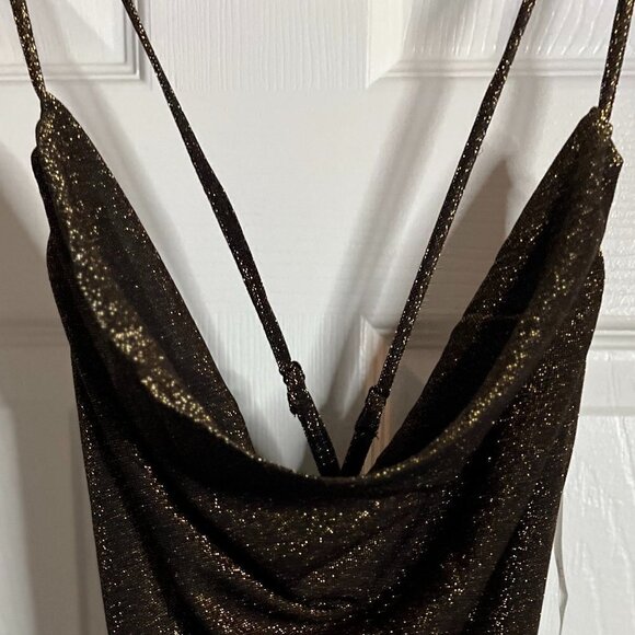 Lulu's Sultry Sparkle Gold and Black Lurex Backless Cowl Maxi Dress Size M - Picture 6 of 12